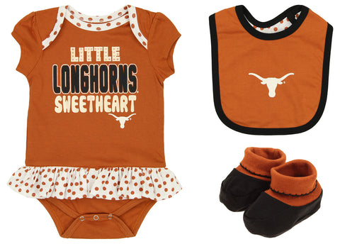 Outerstuff NCAA Texas Longhorns Sweetheart Newborn and Infant Girls 3-Piece Creeper, Booties, and Baby Napkin