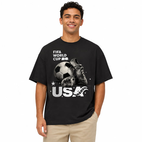 Outerstuff Men's FIFA World Cup 2026 Team USA Ball and Cleats Premium Cotton Tee, Black