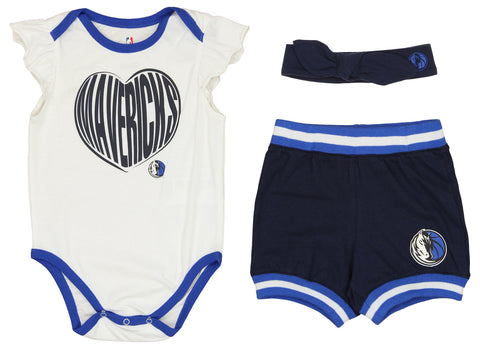 Outerstuff NBA Dallas Mavericks Infants Short Sleeve Creeper Bodysuit, Shorts, and Headband Set