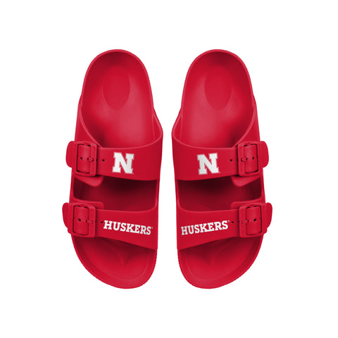 FOCO NCAA Team Logo Double Buckle Comfortable Slip-On Women's Sandals, Nebraska Cornhuskers