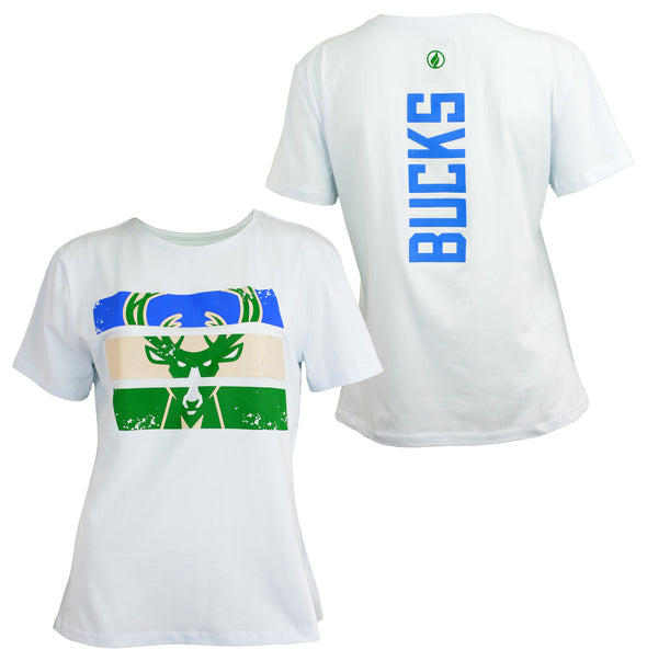 FISLL NBA Women's Milwaukee Bucks Stack Blockprint Tee, White