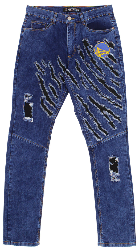 FISLL NBA Men's Golden State Warriors Jeans with Distressed Claw Marks