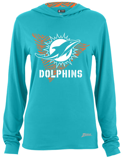 Zubaz NFL Women's Light Weight Team Color Hoodie 2 Tone Zebra Liner, Retro 3 Point Logo, Miami Dolphins