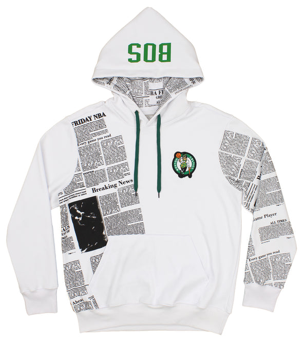 FISLL NBA Men's Boston Celtics Breaking News Newspaper Print Hoodie, White