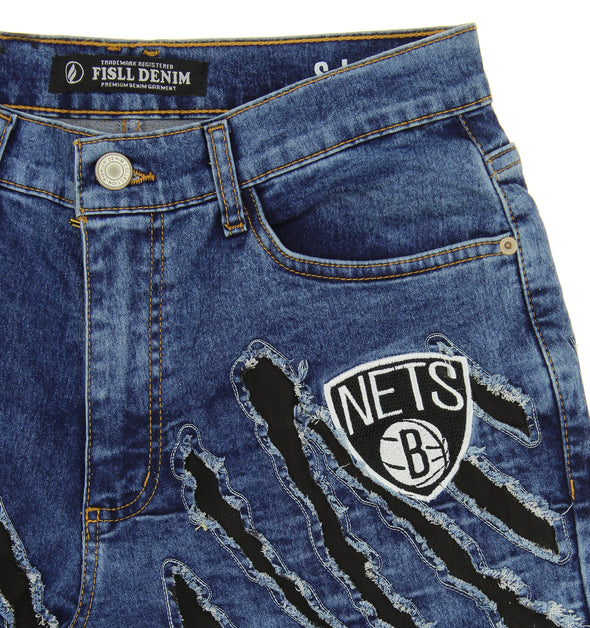 FISLL NBA Men's Brooklyn Nets Jeans with Distressed Claw Marks