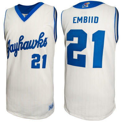 Original Retro Brand NCAA Men's Kansas Jayhawks #21 Joel Embiid Tackle Twill Jersey, Cream