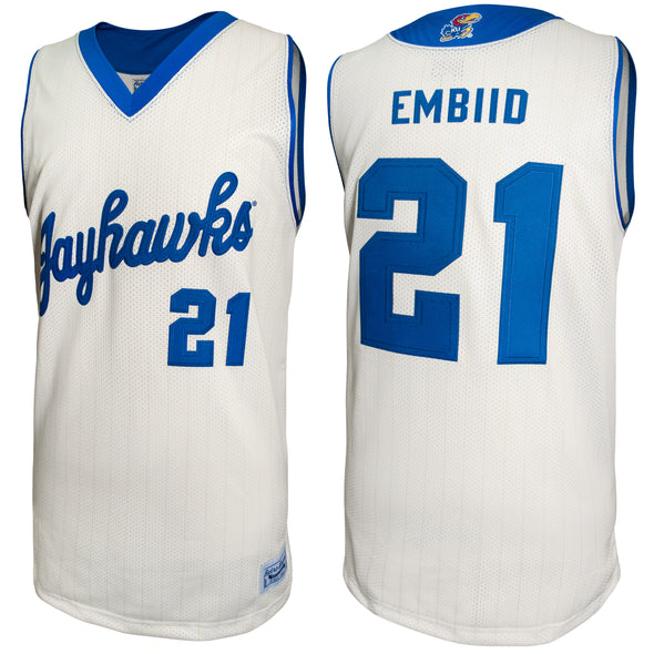 Original Retro Brand NCAA Men's Kansas Jayhawks #21 Joel Embiid Tackle Twill Jersey, Cream