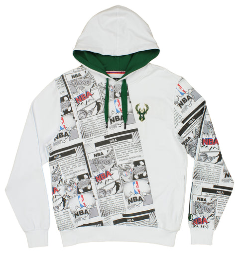 FISLL NBA Men's Milwaukee Bucks Comic Book Newspaper Print Hoodie, White