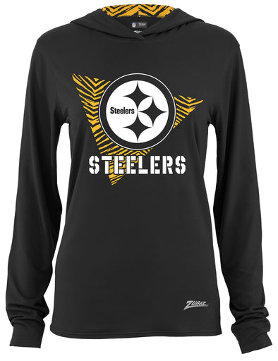 Zubaz NFL Women's Light Weight Team Color Hoodie 2 Tone Zebra Liner, Retro 3 Point Logo, Pittsburgh Steelers