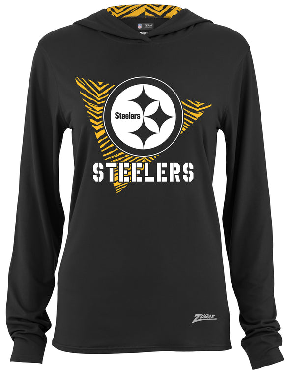 Zubaz NFL Women's Light Weight Team Color Hoodie 2 Tone Zebra Liner, Retro 3 Point Logo, Pittsburgh Steelers