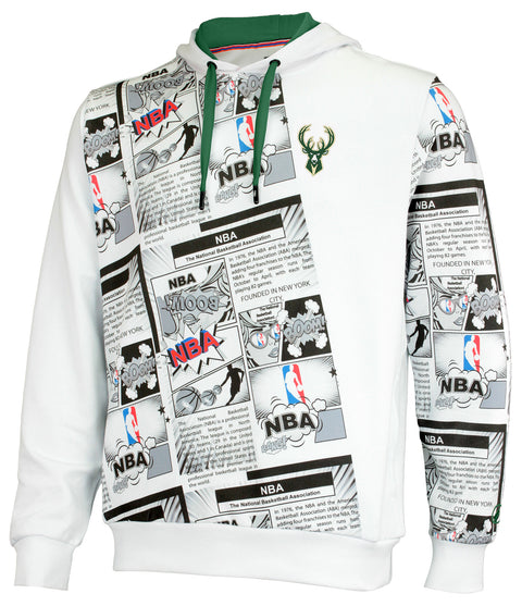 FISLL NBA Men's Milwaukee Bucks Comic Book Newspaper Print Hoodie, White