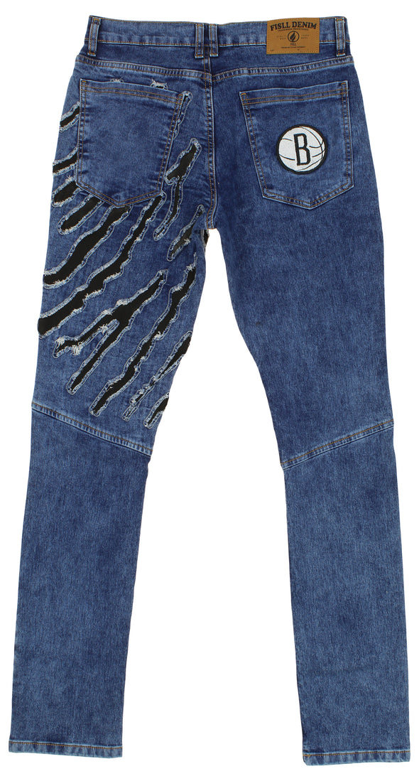 FISLL NBA Men's Brooklyn Nets Jeans with Distressed Claw Marks