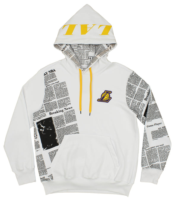 FISLL NBA Men's Los Angeles Lakers Breaking News Newspaper Print Hoodie, White