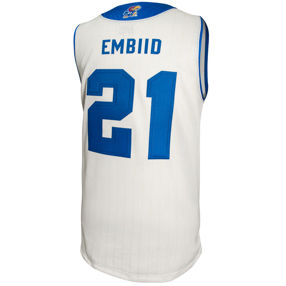 Original Retro Brand NCAA Men's Kansas Jayhawks #21 Joel Embiid Tackle Twill Jersey, Cream