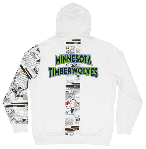 FISLL NBA Men's Minnesota Timberwolves Comic Book Newspaper Print Hoodie, White