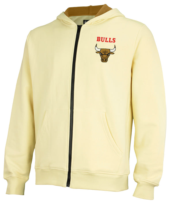 FISLL NBA Men's Chicago Bulls Fleece Zip Up Hoodie, Cream