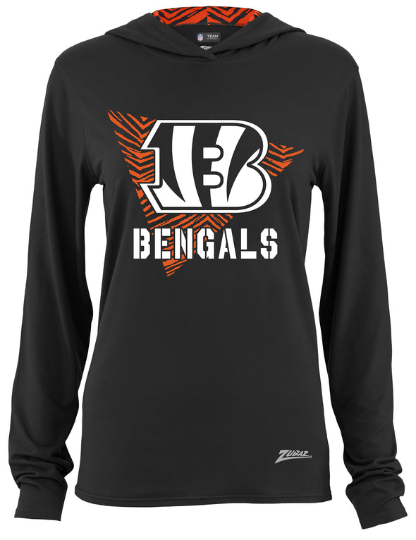 Zubaz NFL Women's Light Weight Team Color Hoodie 2 Tone Zebra Liner, Retro 3 Point Logo, Cincinnati Bengals