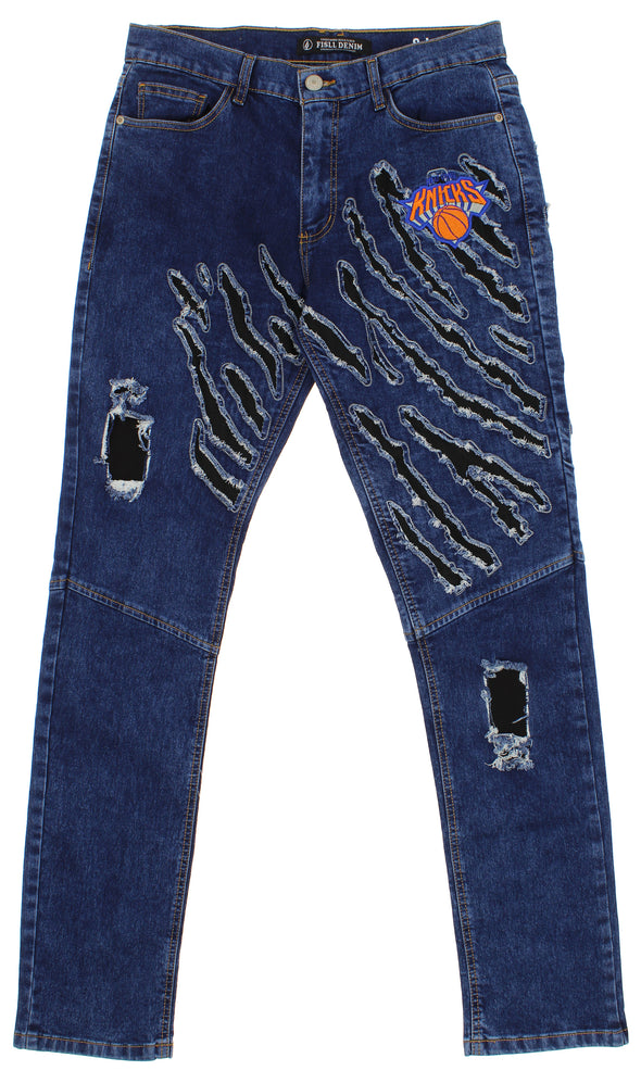 FISLL NBA Men's New York Knicks Jeans with Distressed Claw Marks