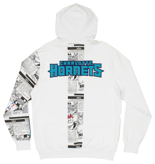 FISLL NBA Men's Charlotte Hornets Comic Book Newspaper Print Hoodie, White