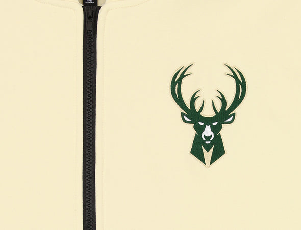 FISLL NBA Men's Milwaukee Bucks Fleece Zip Up Hoodie, Cream