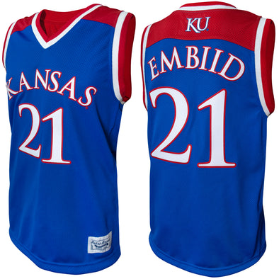 Original Retro Brand NCAA Men's Kansas Jayhawks #22 Joel Embiid Tackle Twill Jersey, Royal Blue