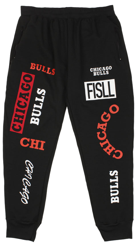 FISLL NBA Men's Chicago Bulls Block Typo Joggers, Black