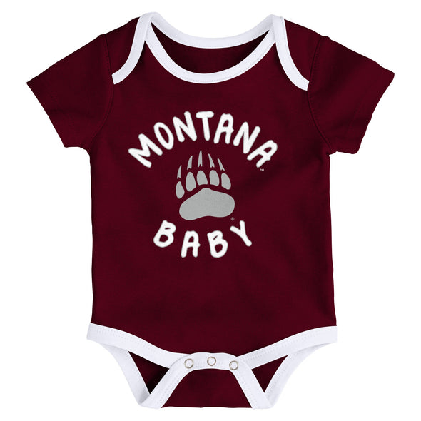 Outerstuff Montana Grizzlies NCAA Infant Champs 3-Piece Creeper Set, Maroon/White/Grey