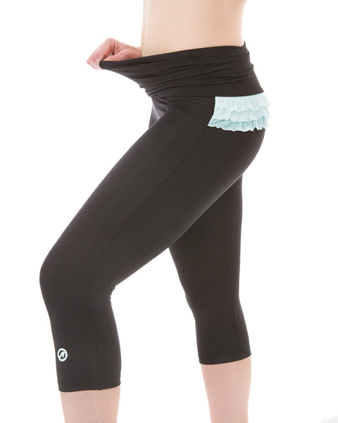 DJ Skins Women's Athletic Workout Comfort Waist Party Pants, Black / Blue Ruffle