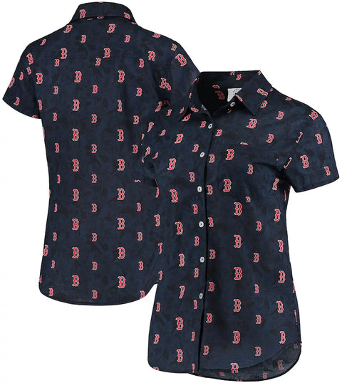 FOCO MLB Women's Boston Red Sox Floral Repeat Mini Print Button Up Shirt