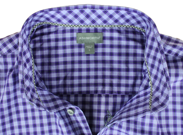 Ashworth Men's Windowpane Checkered Woven Button Up Casual Shirt, Blue Violet
