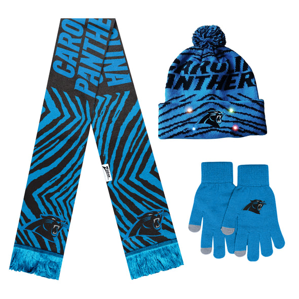 FOCO X Zubaz NFL 3 Pack Glove Scarf & Hat Outdoor Winter Set, Carolina Panthers