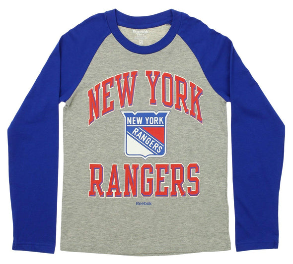 Reebok NHL Youth New York Rangers Long Sleeve Raglan Tee, Gray / Blue