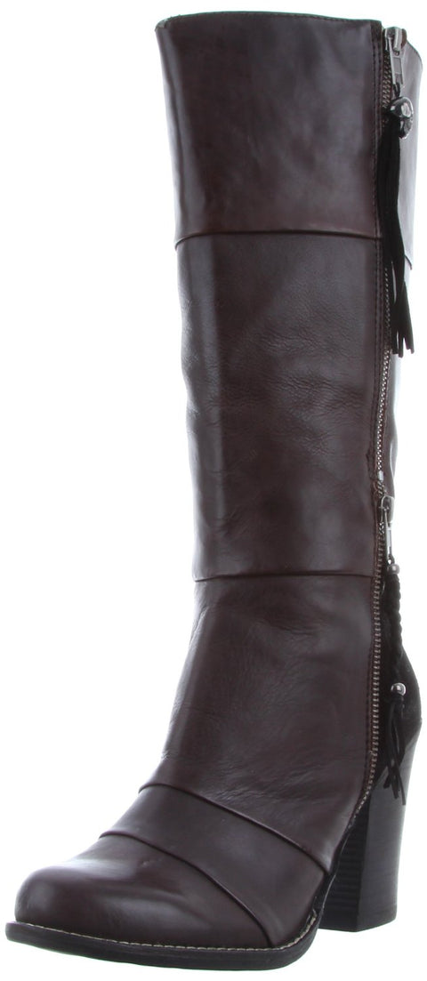Kelsi Dagger Hazey Women's Knee-High Stacked Heel Leather Boots -Brown