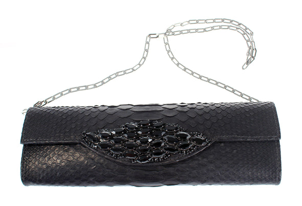 Carlos Falchi Jeweled Python Snake Clutch Shoulder Purse - Black
