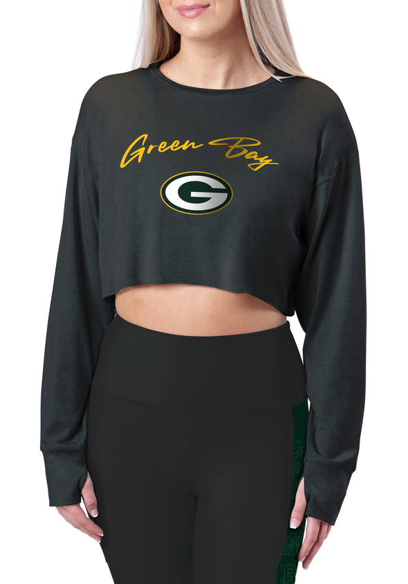 Certo By Northwest NFL Women's Green Bay Packers Central Long Sleeve Crop Top, Black