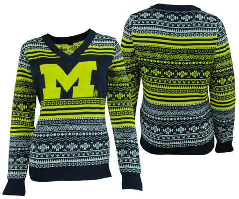 FOCO NCAA Women's Michigan Wolverines Big Logo Aztec V-Neck Sweater