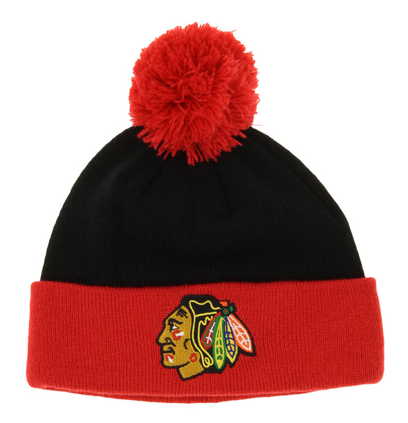Reebok NHL Kids Chicago Blackhawks Face Off Cuffed Knit Hat With Pom, OSFM
