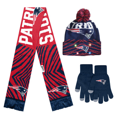 FOCO X Zubaz NFL Collab 3 Pack Glove Scarf & Hat Outdoor Winter Set, New England Patriots