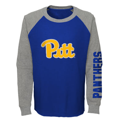 Outerstuff Pittsburgh Panthers NCAA Boy's Youth (8-20) Warm Up Raglan Thermal Shirt, Royal/Grey