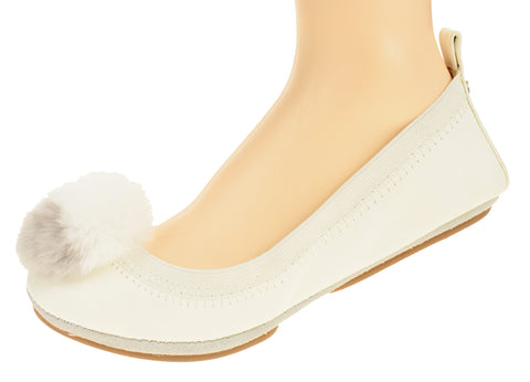 Yosi Samra Women's Samara Pom Pom Ballet Flat, Whisper White/Light Grey