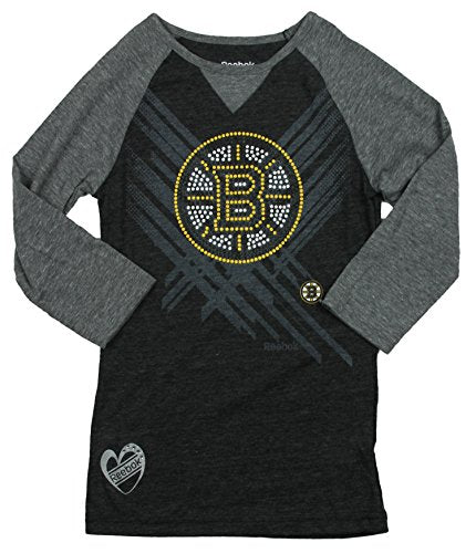 Reebok NHL Youth Girl's Boston Bruins Logo 3/4 Sleeve Raglan Tee T-Shirt, Grey