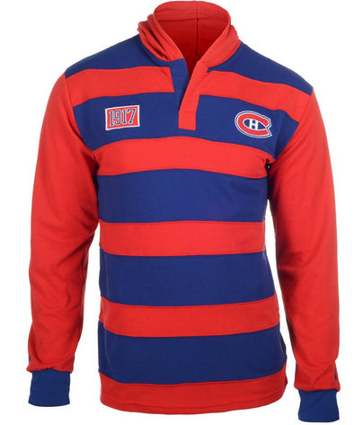 KLEW NHL Men's Montreal Canadiens Striped Rugby Pullover Hoodie, Blue / Red