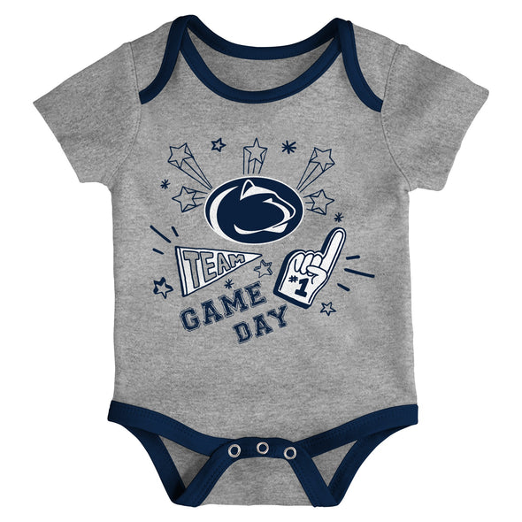 Outerstuff Penn State Nittany Lions NCAA Infant Champs 3-Piece Creeper Set, Navy/White/Grey