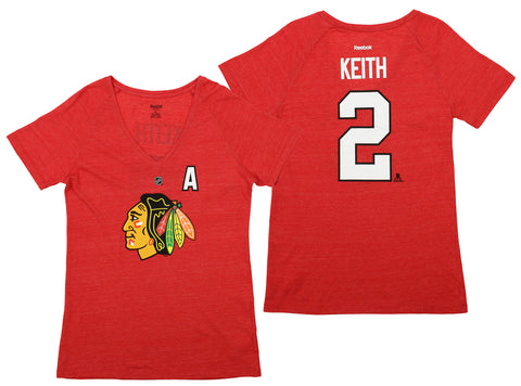 Reebok NHL Womens Chicago Blackhawks Duncan Keith #2 Tri-Blend Short Sleeve V-Neck Tee, Red