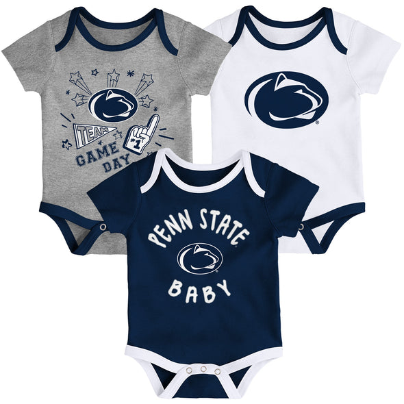 Outerstuff Penn State Nittany Lions NCAA Infant Champs 3-Piece Creeper Set, Navy/White/Grey