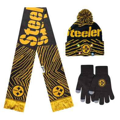 FOCO X Zubaz NFL Collab 3 Pack Glove Scarf & Hat Outdoor Winter Set, Pittsburgh Steelers