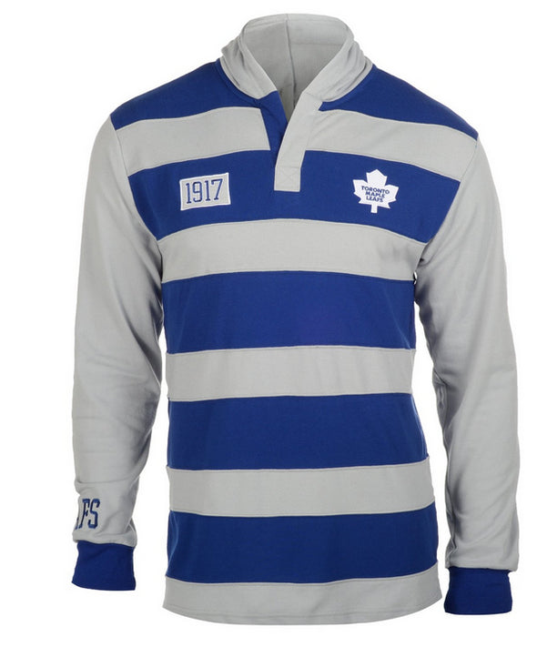 KLEW NHL Men's Toronto Maple Leafs Striped Rugby Pullover Hoodie, Blue / Grey