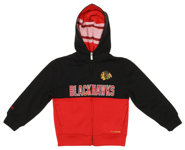 Reebok NHL Hockey Boys Kids Chicago Blackhawks Full Zip Drop Pass Playwarm Hoodie, Black-Red