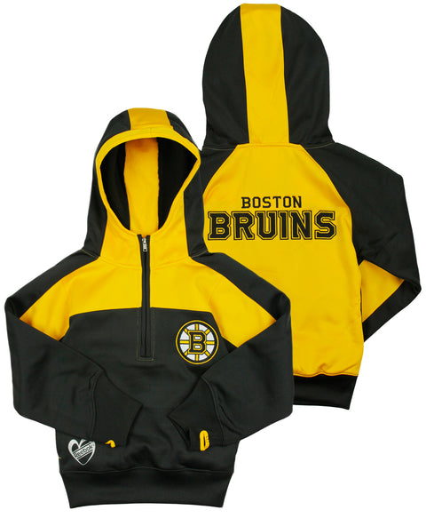Reebok NHL Youth Girls Boston Bruins Active Half Zip Hoodie - Black / Gold