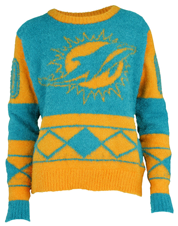 Klew Miami Dolphins NFL Women's Eyelash Crew Ugly Sweater, Aqua